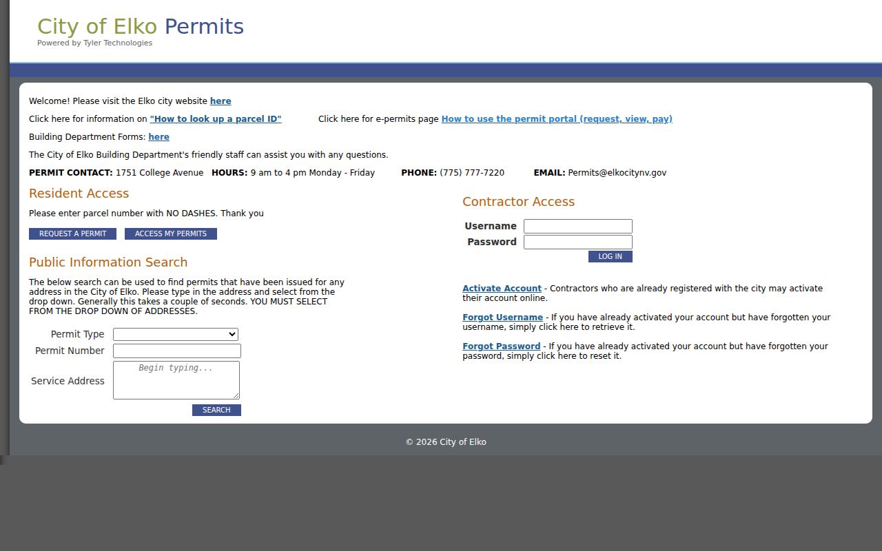 Elko people directories source showing the city issued permit search