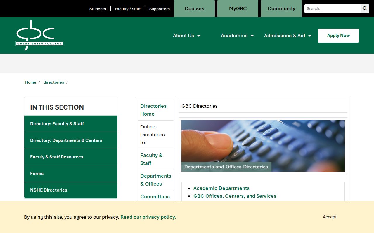 Elko people directories page for Great Basin College departments and centers