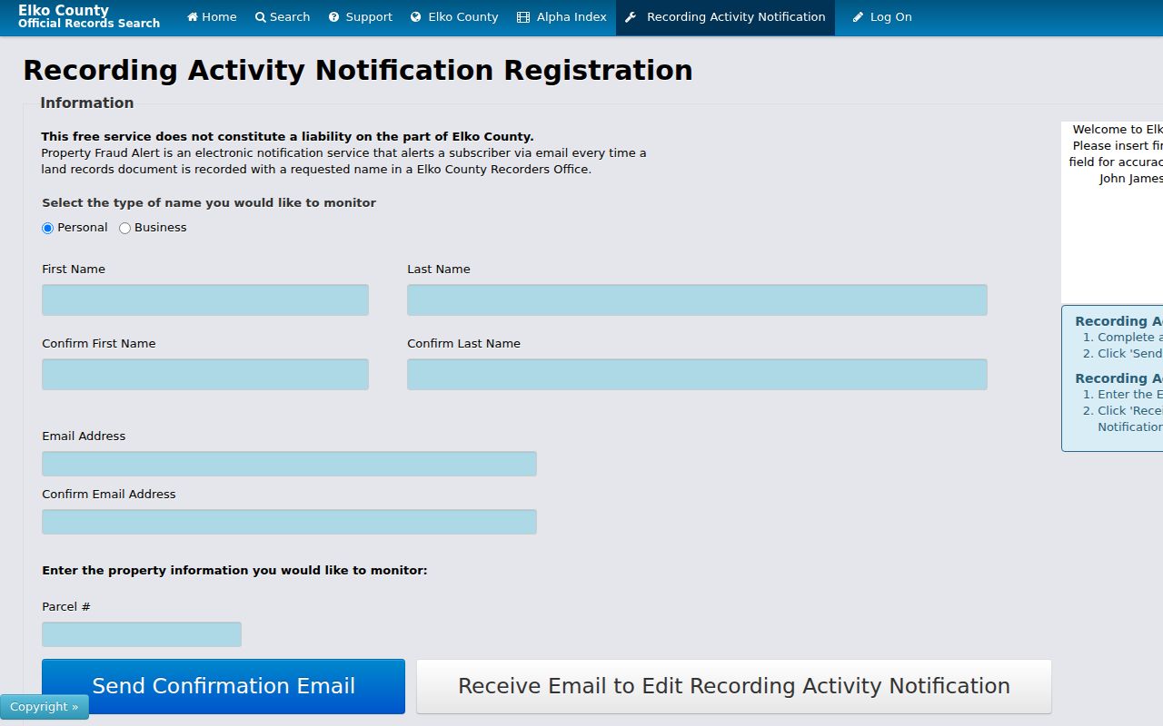 Elko public records Recording Activity Notification form